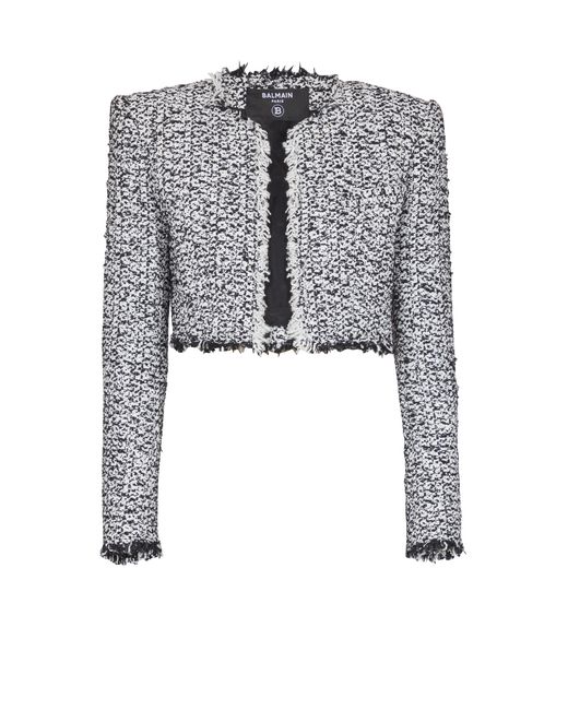 Balmain Gray Cropped Tweed Jacket