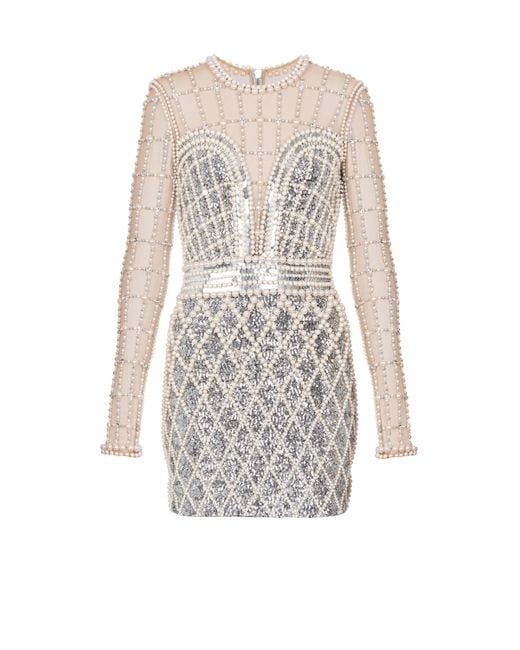 Robe Courte Brodée De Perles Balmain en coloris White