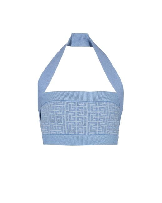 Balmain Blue Knit Halterneck Top With Pb Labyrinth Monogram