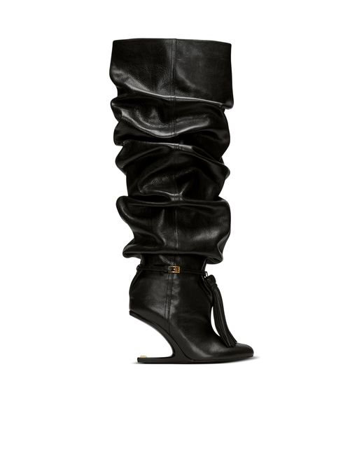 Balmain Black No Wedge Textured Leather Thigh-High Boots With Tassel