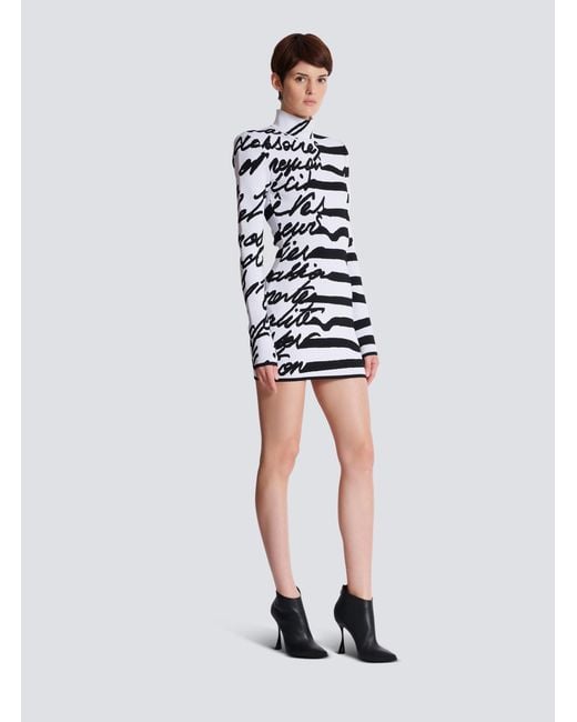Balmain White Striped "Love Letter" Jacquard Knit Dress