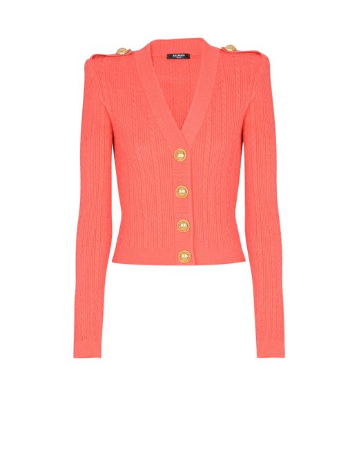 Balmain Red Long-Sleeved Cable-Knit Cardigan