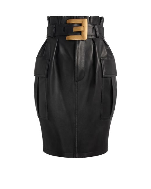 Balmain Black Belted Lambskin Skirt