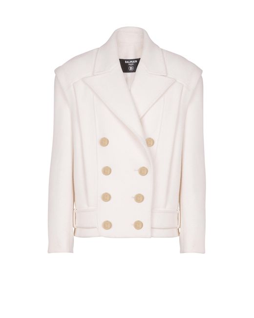 Balmain White Cropped Wool Reefer Jacket