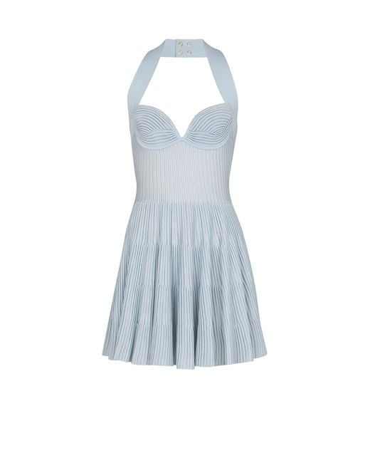 Balmain Blue Textured Knit Halterneck A-Line Dress
