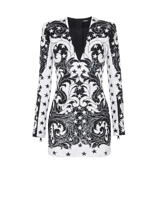 Balmain White Embroidered Paisley And Star Short Dress