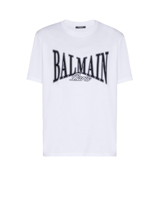 Balmain White Short-Sleeved T-Shirt With Flocked College Print for men