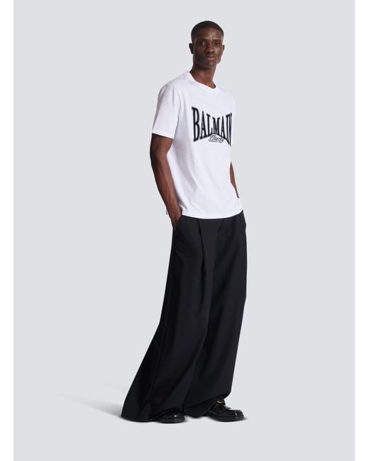 Balmain White Short-Sleeved T-Shirt With Flocked College Print for men