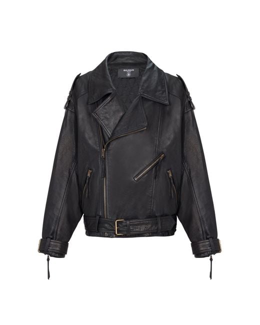 Balmain Black Lambskin Leather Biker Jacket for men