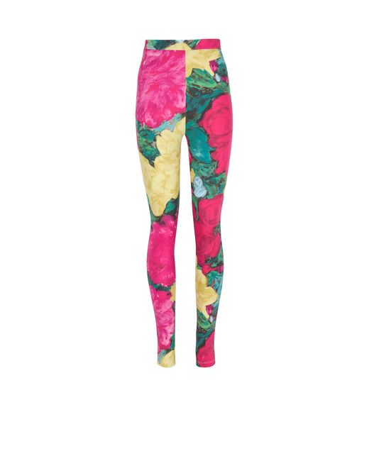 Balmain Pink Jersey Leggings With Roses Print