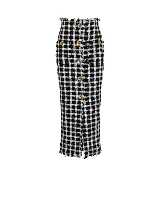 Balmain Black Long Gingham Tweed Skirt
