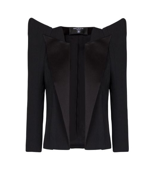 Balmain Black Cropped Grain De Poudre Jacket With Structured Shoulders