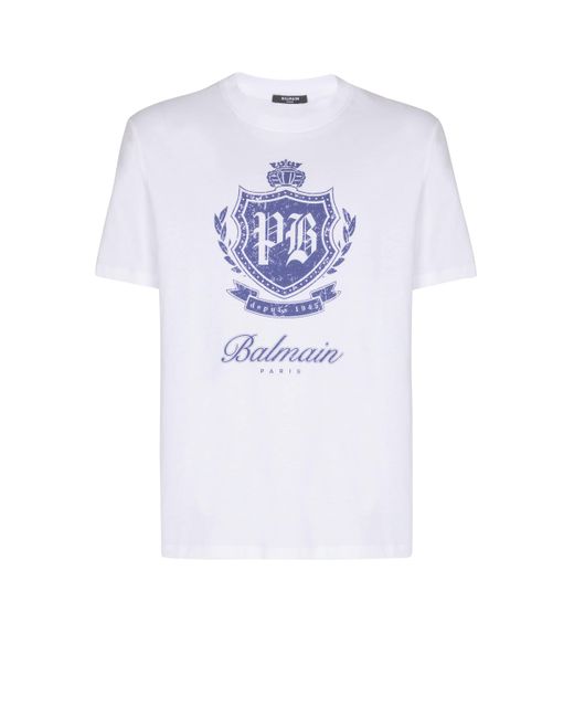 Balmain White Short-Sleeved T-Shirt With College Emblem Print for men
