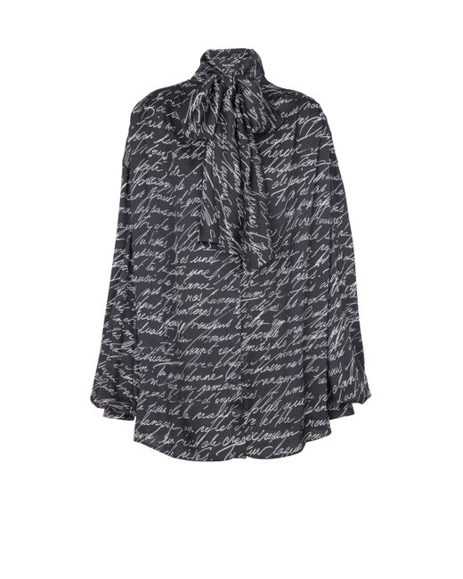 Balmain Gray Pussy-Bow Shirt With "Love Letter" Print