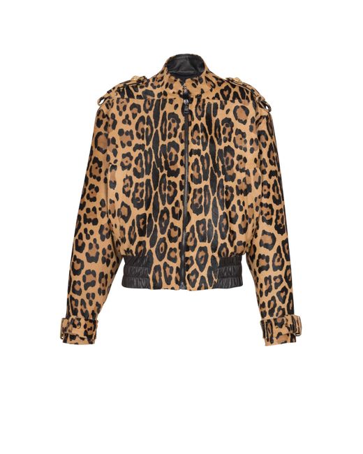 Balmain Black Ponyskin-Style Leather Bomber Jacket With Leopard Pattern