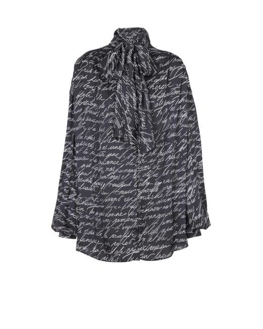 Balmain Gray Pussy-Bow Shirt With "Love Letter" Print