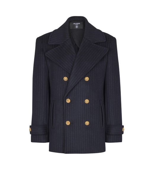 Balmain Blue Short Striped Wool Pea Coat for men