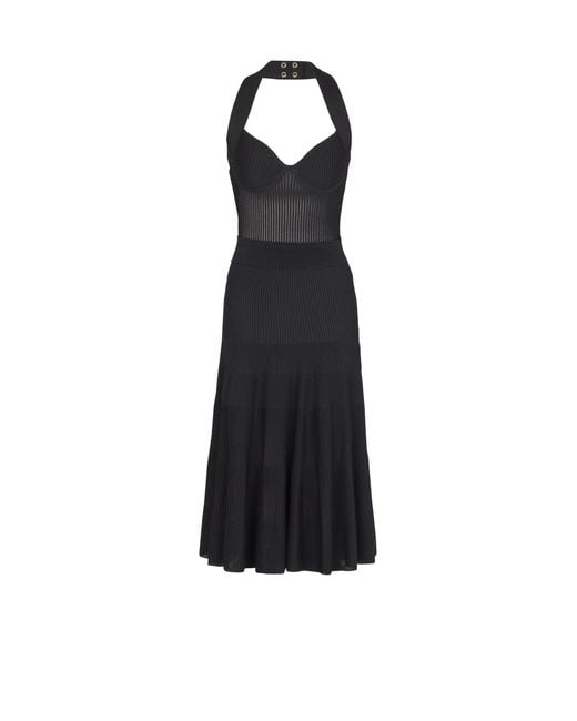 Balmain Black Halterneck Pleated Knit Midi Dress