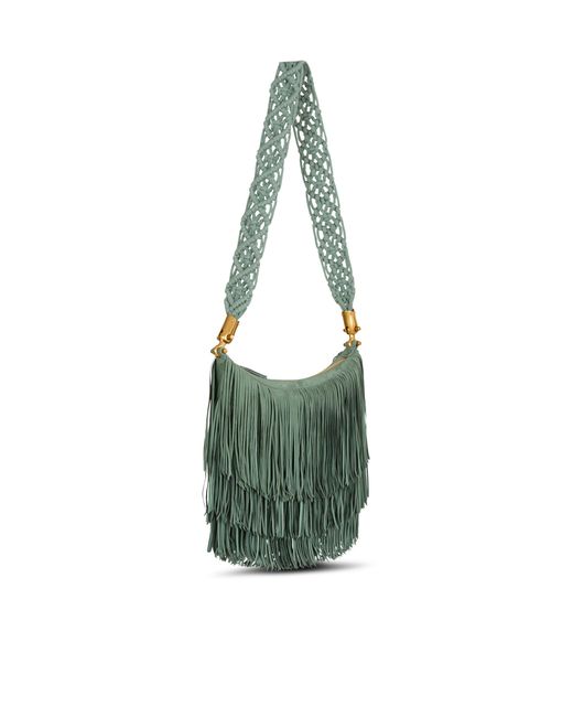 Balmain Green Ébène Hobo Fringed Suede Bag