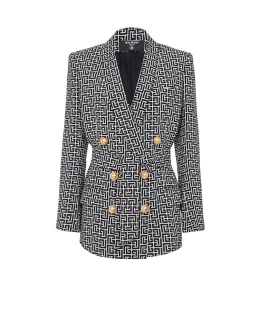 Balmain Gray Monogram Printed Jacket With Shawl Collar