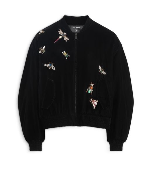 Balmain Black Embroidered Velvet Insect Bomber Jacket for men