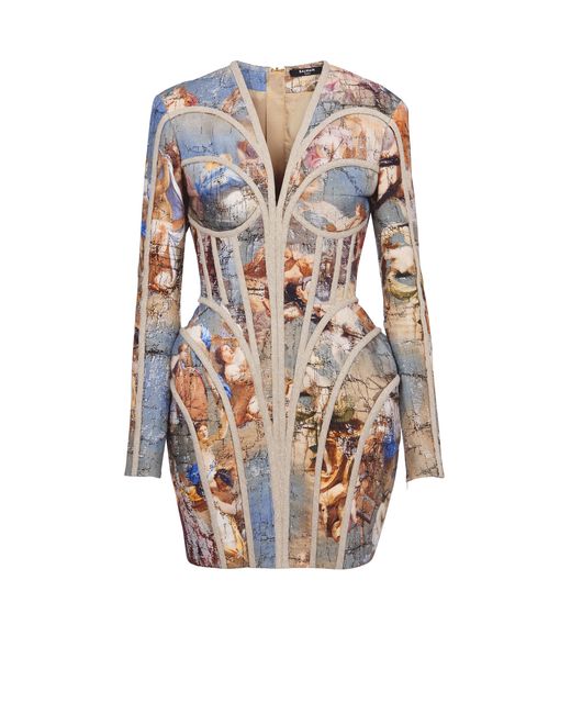 Balmain Multicolor Sky Printed Linen Cage Dress