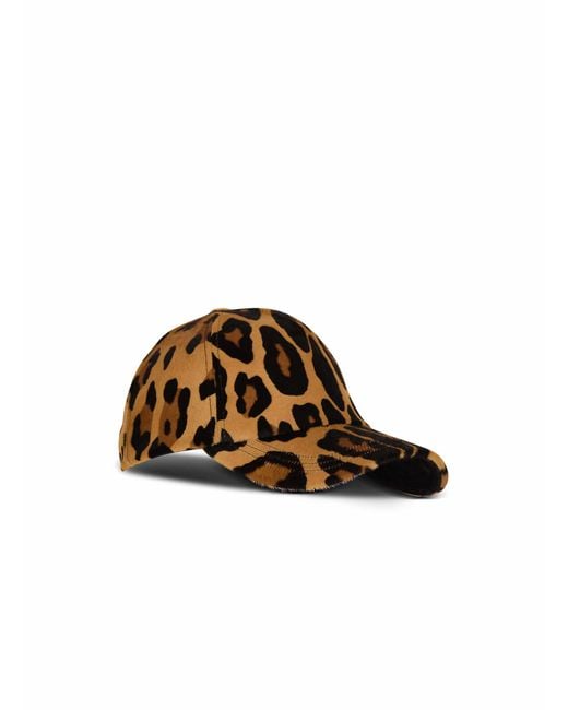 Balmain Brown Ponyskin-Style Leather Cap With Leopard Pattern