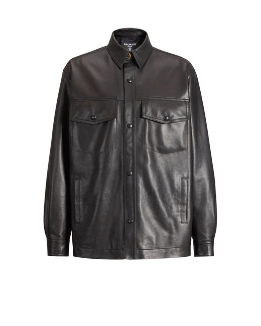 Balmain Gray Leather Overshirt for men