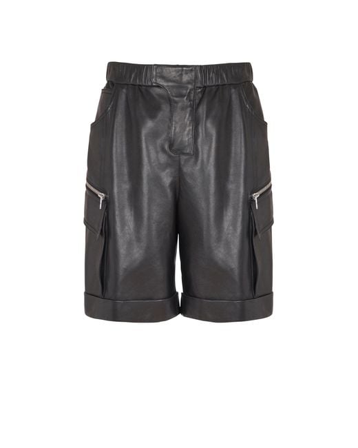 Balmain Gray Leather Cargo Bermuda Shorts for men