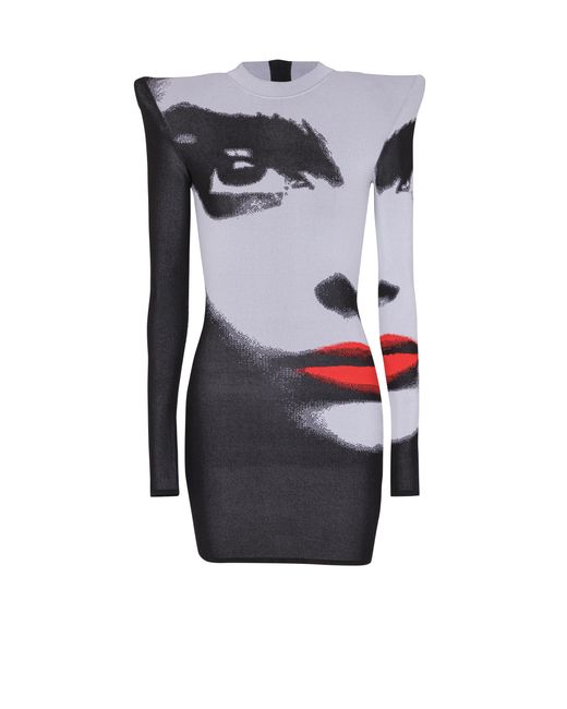 Balmain White Jacquard Knit Dress With Face Motif
