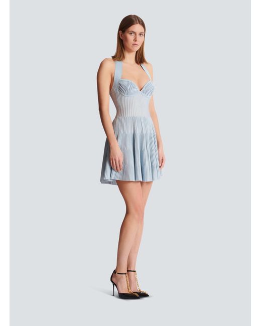 Balmain Blue Textured Knit Halterneck A-Line Dress