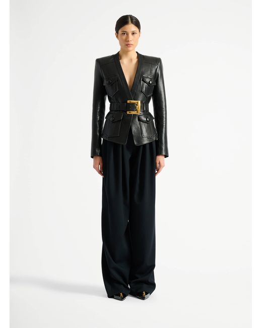 Balmain Black 1-Button Belted Leather Jacket