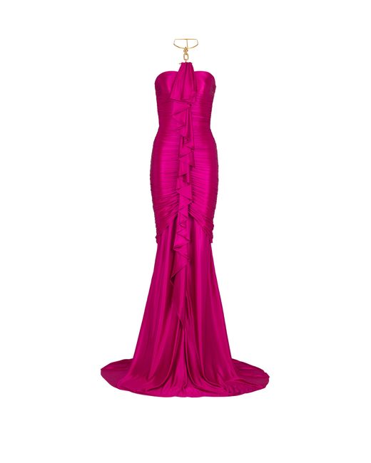 Balmain Pink Long Draped Bustier Dress With Embellished Detail