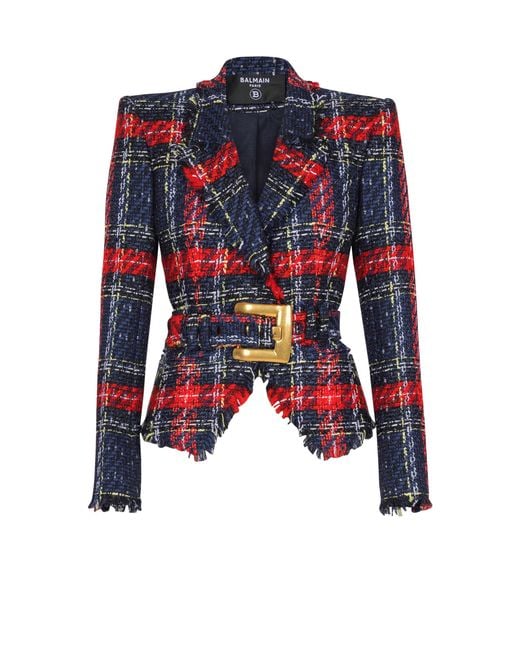 Balmain Multicolor Belted Plaid Tweed Jacket