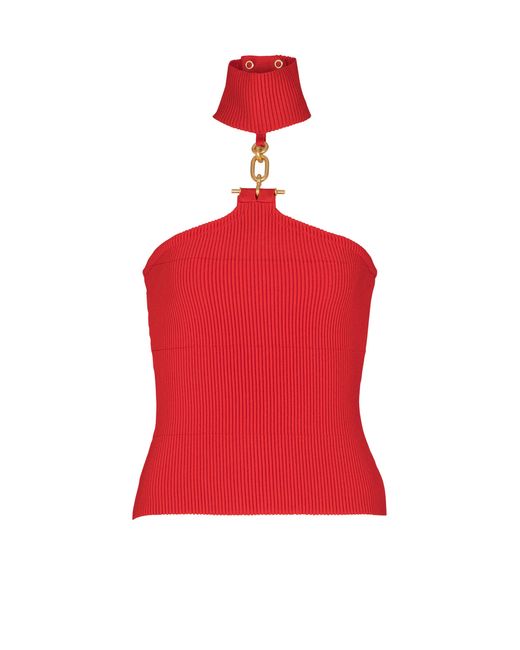Balmain Red Sleeveless Knit Top With Embellished Detail