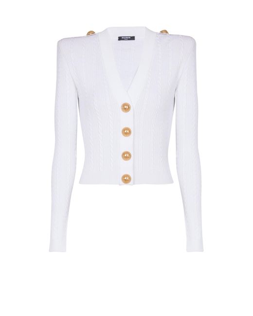 Balmain White Long-Sleeved Cable-Knit Cardigan