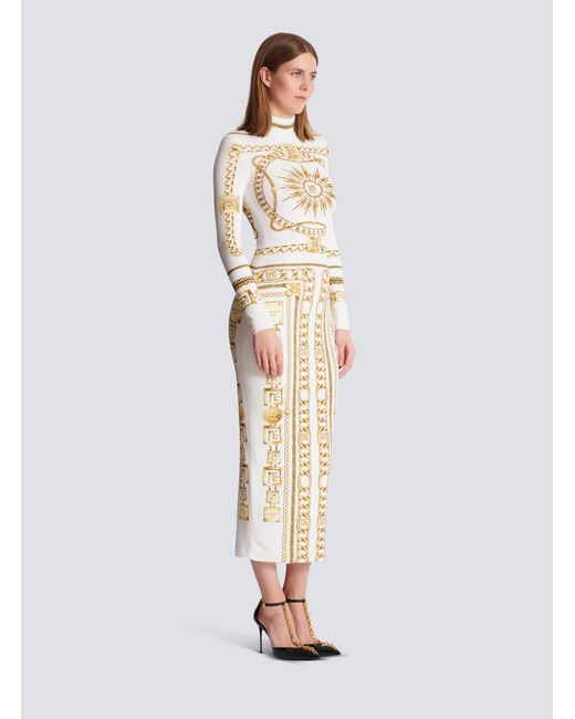 Balmain White Long Printed Bodycon Dress With Foulard Pattern
