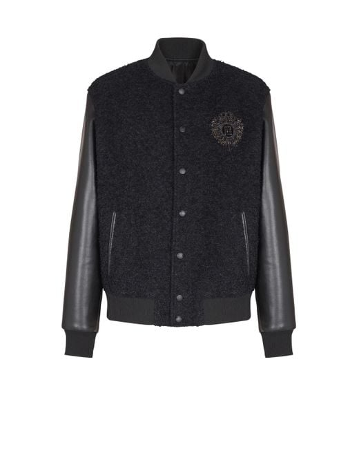 Balmain Blue Varsity Tweed And Faux Leather Jacket for men