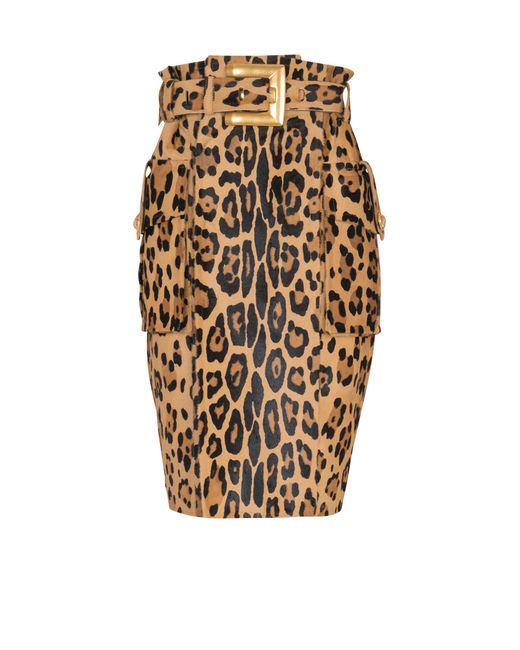 Balmain Natural Ponyskin-Style Leather Midi Skirt With Leopard Pattern