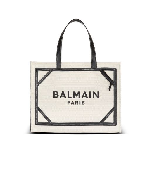 Balmain White Medium Raffia B-Army Tote Bag