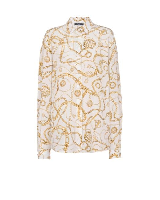 Balmain White Printed Silk Shirt With Chains Pattern