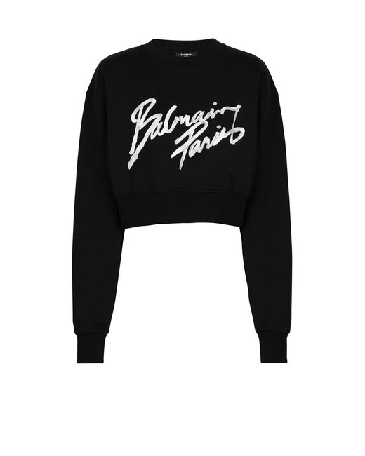 Balmain Black Cropped Printed Cotton Sweatshirt