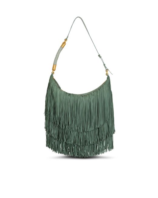 Balmain Green Ébène Hobo Large Fringed Suede Bag