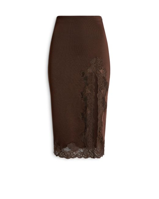Balmain Brown Knit Midi Skirt With Lace