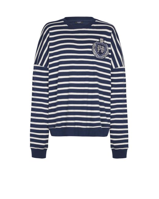 Balmain Blue Cotton College Emblem Sweatshirt With Breton Stripes for men