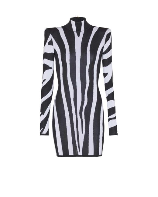 Balmain Blue Short Knit Dress With Zebra Intarsia