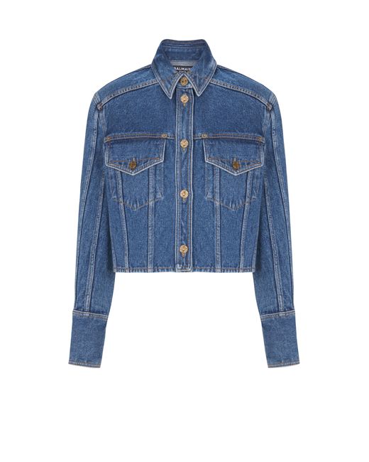 Balmain Blue Cropped Faded Denim Jacket
