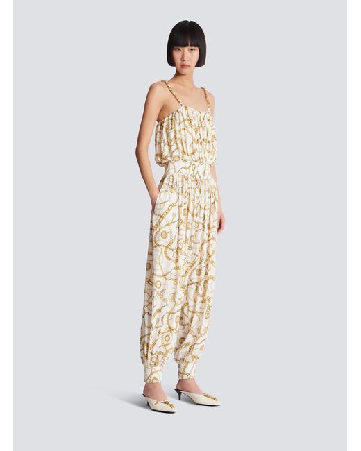 Balmain White Flowing Printed Jumpsuit With Chains Pattern