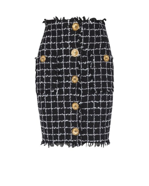 Balmain Black Tweed Pencil Skirt With Buttons