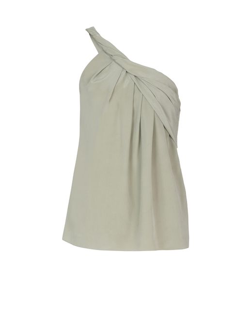 Balmain Gray Draped One-Shoulder Silk Crepe Top